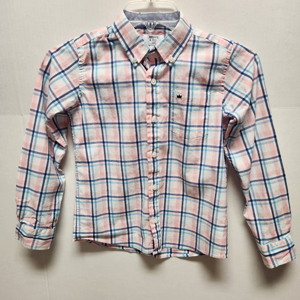 Crown and Ivy Kids Pink Blue Plaid Boy Size 7 Long Sleeve Button Up Shirt Preppy